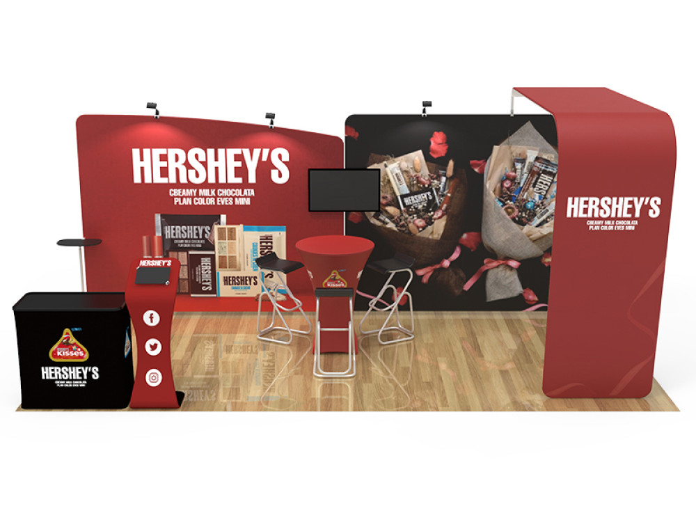 Trade-show display booths on an exhibition floor